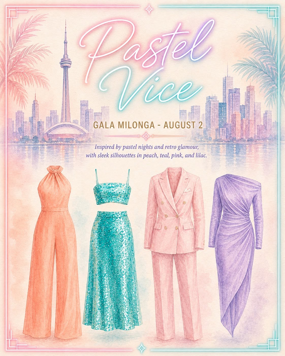 Pastel Vice outfit inspiration in peach, teal, pink, and lilac with retro glamour
