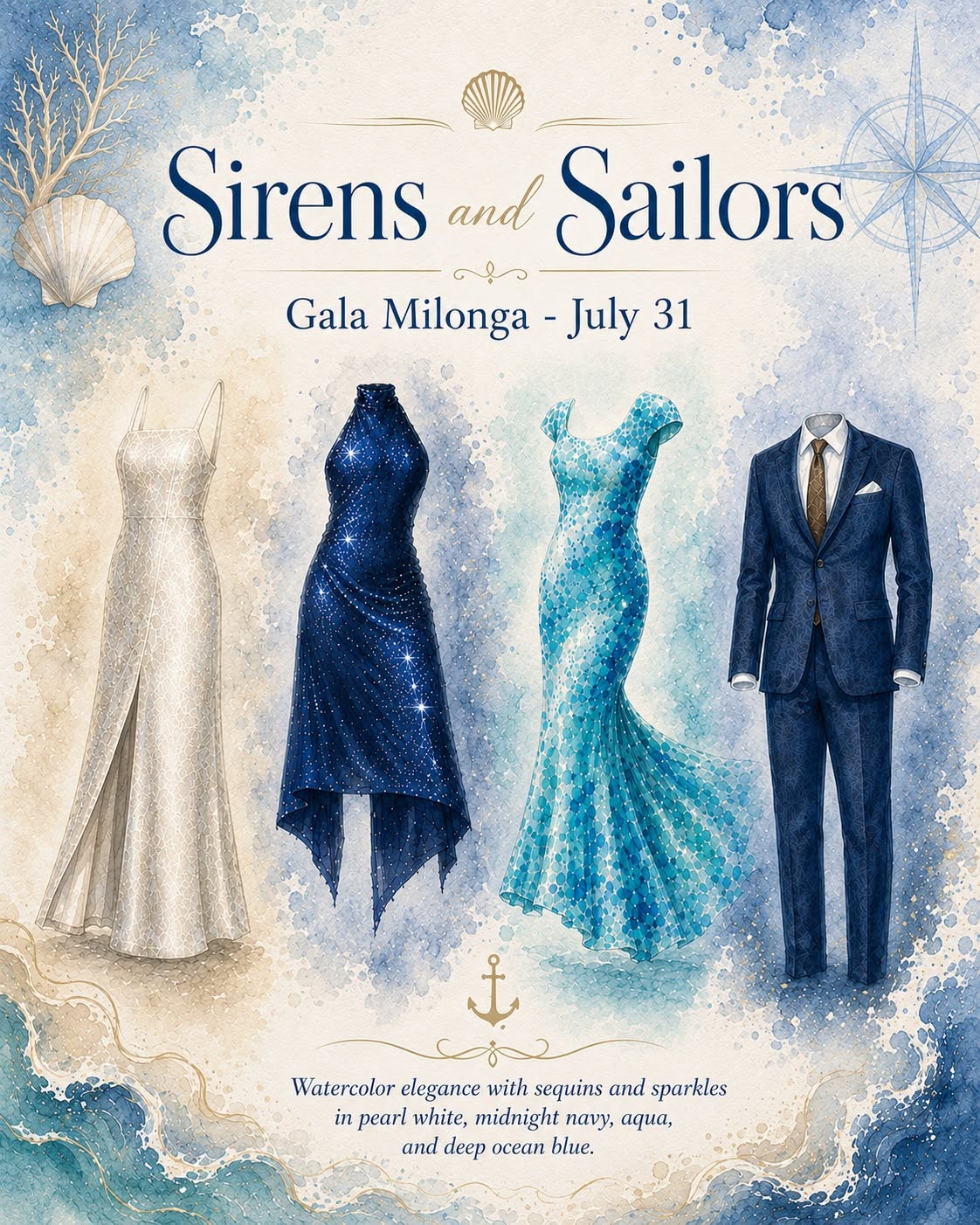 Sirens and Sailors outfit inspiration in pearl white, navy, aqua, and ocean blue