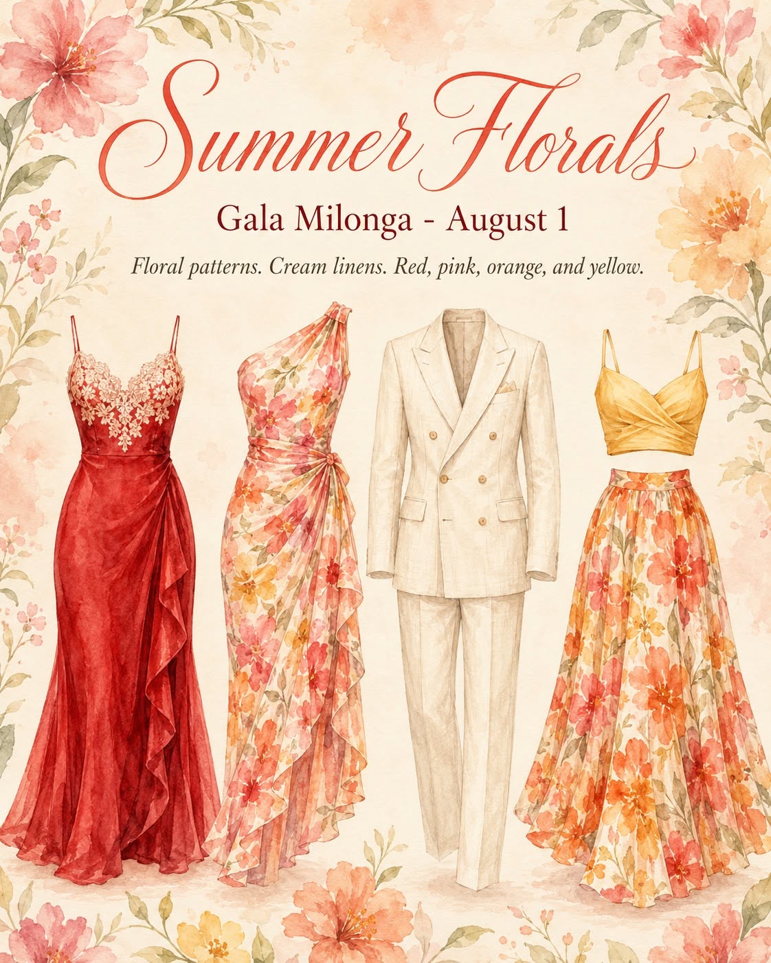Summer Florals outfit inspiration with floral prints, cream linen, red, pink, orange, and yellow
